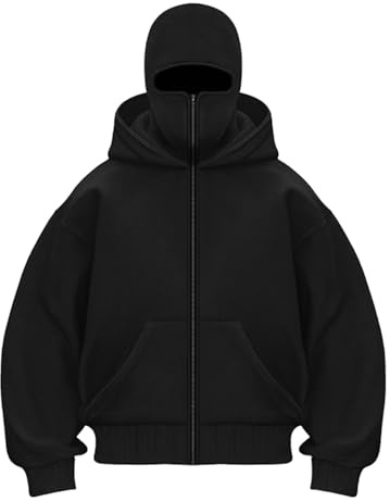 CCOOfhhc Balaclava Zip Hoodie Herren Ninja Hoodie mit Sturmhaube Oversized Jacke mit Doppel Kapuze Y2K Hoodie mit Fleece Winddichte Übergangsjacke Winter Motor Fahrrad Mask Jacke 2026