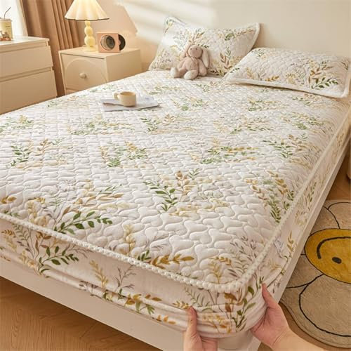 Lirzxin Sábana bajera ajustable de terciopelo lechero de 1 pieza, color verde y marrón, de terciopelo lechoso, fácil cuidado, resistente a la decoloración, ropa de cama suave, verde marrón, 35 x 79