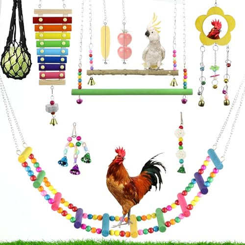 GAESHOW 10 giocattoli di pollo per galline Coop, altalena per pollo, altalena flessibile a scala, borsa a corda per spiedini di verdure, mangiatoia per galline, pappagalli e uccelli