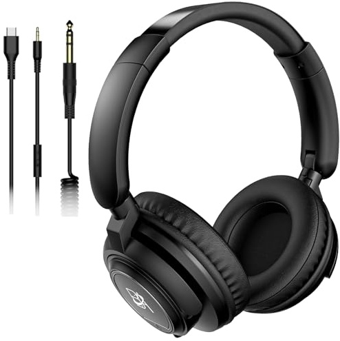 BeAttack Wired Over Ear Studio Monitor Headphones for Stereo DJ Mixing & Recording, 50mm Neodymium Drivers 3.5mm, 6.35mm (1/4) and Type-C Cables for AMP Computer Podcast Keyboard Guitar Laptop Black