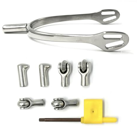 ES1045 ErgoSpur Edelstahl Wechselkopf-Sporen 4-in-1 mit Dornsporen, Tropfenform, UFO-Radsporen und Soft Touch Ballsporen Reitsporen Reiten Sporen Spur hochwertiger Edelstahl (L 30 mm - Damen)