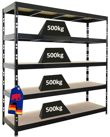 PROREGAL Profi Schwerlastregal Rhino EXTRA BREIT schwarz HxBxT 200x200x60cm Fachlast 500kg 5X Spanplatten-Ebenen 8mm Garagenregal, Lagerregal, Steckregal, Weitspannregal