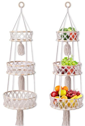 RFYTDCF 3 Etagen Obstkorb Hängend aus Baumwollseil, Handgefertigt Boho Hängekorb Küche Wandkörbe Makramee Hängekorb Obst Hängender Obstkorb für Wohnzimmer Badezimmer Schlafzimmer (110 cm)