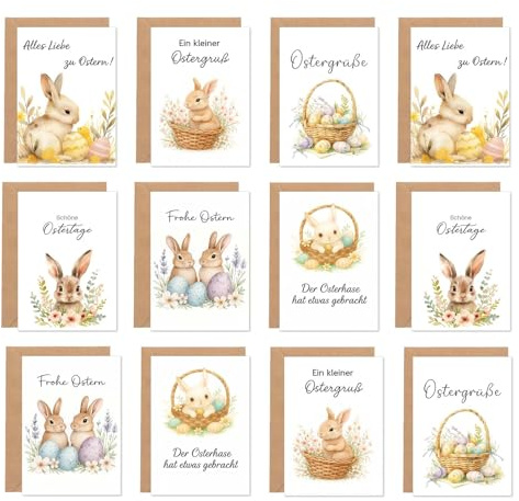 PIujsym 12 Stück Osterkarten mit Umschlag, Designs Frohe Ostern Karte, lustige osterkarten, Niedliche Osterpostkarten, Perfekt für Ostergrüße Weihnachten Frühlingsfeste, für Freunde Freundin