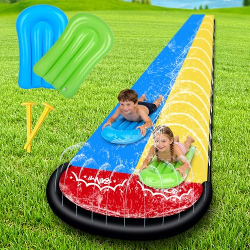 610cm Water Slide Mat, Double Lane Slip and Slide with 2 Bodyboards, Slip and Slide Water Slide for Kids, Lawn Water Slides with Build in Sprinkler for Summer Outside Outdoor Water Play Toys