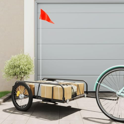 Mangloder Remorque de vélo noire 135 x 70 x en fer avec timon, drapeau de sécurité, pliable, idéale pour le transport, le camping, la famille, les chiens, les bagages, matériau robuste