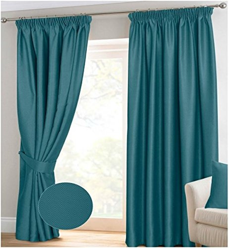 RAYYAN LINEN Thermal Pencil Pleat Blackout Tape Top Pair of Curtains With Free Tiebacks (46 X 72, Teal)