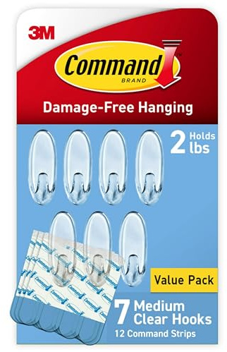 Command Medium Clear Wall Hook, 7 Wall Hook and 12 Strips, Damage-Free Hanging with Adhesive, Great for Hanging Home Decor, Holds up to 2 lb