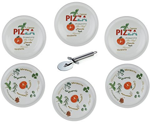 Retsch Arzberg - Set di piatti per pizza con tagliapizza/rotella per pizza, piatto per pizza XXL, diametro 30 cm, con decorazioni, set da 6