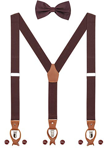 WANYING Set di bretelle e papillon da uomo, 2 WAY TO Wear 6 asole in pelle 3 fermagli Forma a Y 3,5 cm di larghezza bretelle estese per statura 160-200cm - Tinta unita Marrone scuro