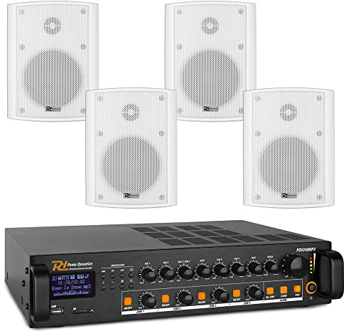 4-Zone Weatherproof Outdoor PA System with Amplifier, Bluetooth, MP3, FM Radio and 4x 6.5 Inch White Wall Speakers – IP56 Rated, Terrace Garden Audio Solution