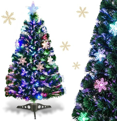 RELAX4LIFE Albero di Natale Artificiale 90 con Luci in Fibre Ottiche e Addobbi: 1 Stella e 12 Fiocchi di Neve a LED, 85 Rami Folti e Realistici in PVC