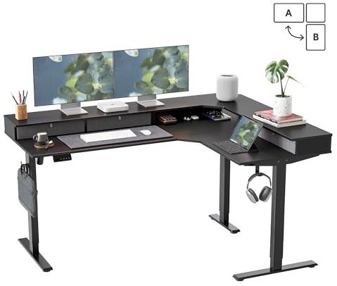 FEZIBO Single Motor 160 * 120 cm L Shaped Electric Adjustable Height Standing Desk with 3 Drawers, Corner Stand up Gaming Desk with Splice Board, Black Frame/Black Top