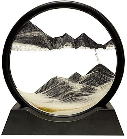 HYUGF Moving Sand Art Picture Decor, 3D Deep Sea Sandscape Liquid Motion, Round Glass Frame Display Flowing Sand Relaxing Gift for Kids Adults Home Office Work Desktop Decoration Toy (Black, 7)