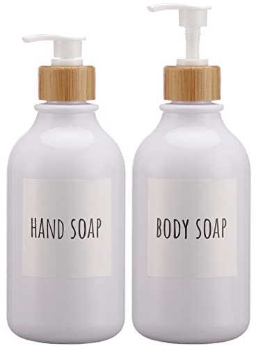 Segbeauty Seifenspender, 2 Stück 500 ml Seifenspender Set mit Bambuspumpe und Wasserdichten Etiketten, Kunststoff nachfüllbare Shampoo Conditioner Lotion Handseifenflasche für Küche und Bad, Weiß