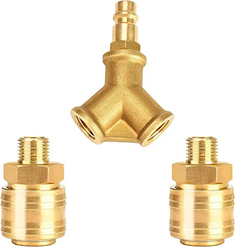 oumuik Druckluftverteiler Y 2-fach mit Kupplungen 1/4 Zoll Luftschlauch Schnellkupplungsverteiler Messing Kupplungsstecker und Druckluftverteiler Druckluft Y-Verteiler