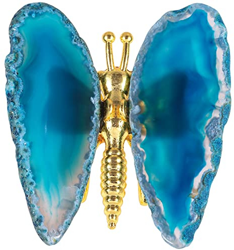 Nupuyai Figurine Papillon Tranche d'agate Naturelle, Reiki Ornement Papillon en Pierre de Cristal Semi-Précieuse pour Décoration de Bureau Bonne Chance, Bleu