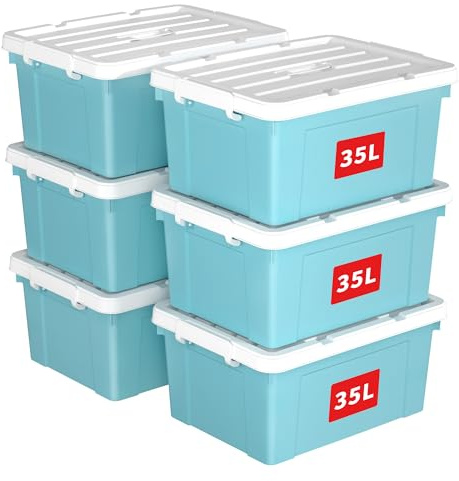 Cetomo 35L*6 Caja de Almacenamiento con Asa, Caja de Plástico con Tapa y Cierre Seguro, Contenedor de Almacenamiento Grande, Duradera, Apilable, Resistentes, Azul, Paquete de 6 de 35L