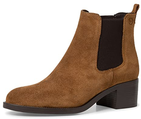 Tamaris Botines Chelsea de Tacón Cuadrado de Piel para Mujer, Cómodos, Coñac, Ante, 38 EU