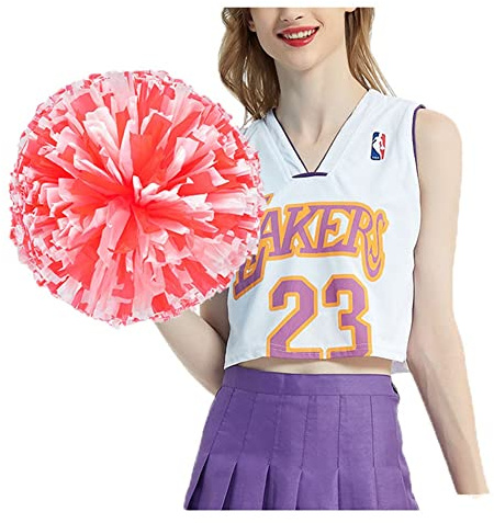 SHTGOI 4 Stück Cheerleading Pompoms Cheerleader Pom Poms Handblumen mit Ring Hell Handgekurbelter Blumenball für Sportwettbewerb Urlaub Feiern Tänze Karnevalspartys Rot+Weiß