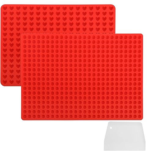RAFIYU Backmatte Hundekekse,2 PCs Silikon Backmatte mit Teigschaber,Backmatten für Hundeleckerlies,Silikonmatte, Backunterlage für Backblech(1.5cm,255 Gitter,Herzform+1.2cm,468 Gitter,Halbkugel),rot