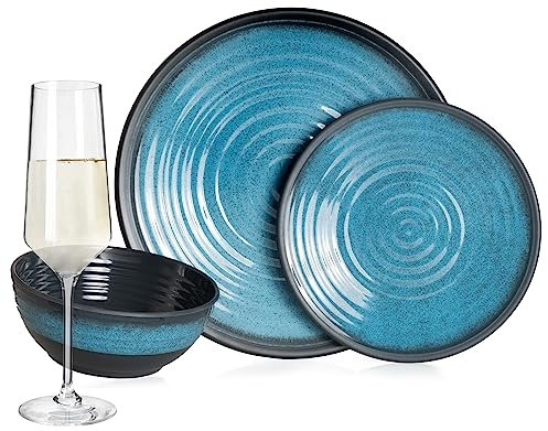 Vaisselle de camping en mélamine pour 4 personnes Bleu pierre + 4 verres à champagne Milano Flûtes Vaisselle de table Pique-nique BBQ Batterie de cuisine