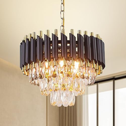Lustres modernes en cristal 15.7 noir et or Lustre en cristal pendentif Lustre 3-Tier Crystal Flush Mount Plafonnier Lustres pour Maître Chambre Salon Table à manger