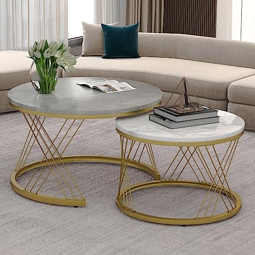 Merax Nesting Couchtisch 2er Set, Satztische,Couchtisch Satz Marmor Furnier Sofa Seite Nest von Tischen Runde Endtische, Satz von 2, Goldene Farbe Frame Grau