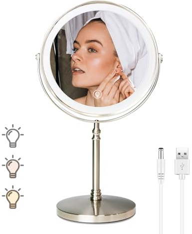WITFAMILY makeup mirror with 1x/10X magnification illumination, USB charging, 3-color light and 360 degree rotation, double-sided household mirror (Nickel)