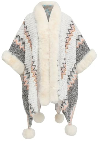 Miaikvs Damen Poncho mit bunten Streifen Vintage-Ethno-Stil Schal Mantel Strick Wickeltuch offene Vorderseite Cardigans für Frauen