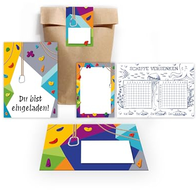 6 Einladungskarten zum Kindergeburtstag Klettern Bouldern Mädchen Jungen Jungsgeburtstag Mädchengeburtstag incl. 6 Umschläge, 6 Partytüten/natur, 6 Aufkleber, 6 Mini-Notizblöcke, 6 Schiffe versenken