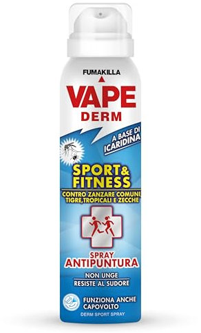 Vape Derm Spray Sport & Fitness 100ml, Repellente Insetti Naturale per Adulti e Bambini, Protegge da Zanzara Comune, Tigre, Anofele e Zecche, Non Unge, Non Macchia, Resistente alla Sudorazione
