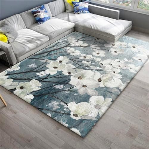 RUGMRZ Teppich Pastell Tisch Wohnzimmer Blauer Teppich Elegante Blumendekoration pflegeleicht für anpassbar Fleckerlteppich 70X140CM