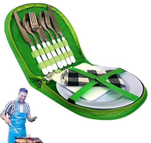 Essbesteck-Sets, Campingbesteck-Set | Tragbares Utensilienset aus Edelstahl | Camping-Besteck mit Tischdecken, Tellern und mehr, Geschirr-Set mit Etui für Camping, Wandern, Grillen