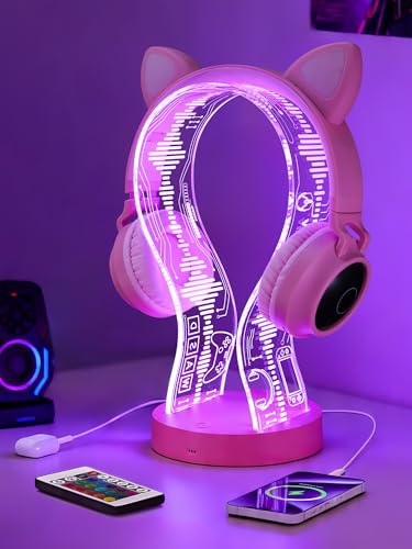 CoolGift Mart Light Up Headphone Stand with 16 Color Lights, Game Pattern Acrylic Headset Stand with 1 USB and 1 Type-C Charging Ports, Gifts for Girls Women Gamers and Music Lovers