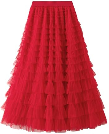 LYSINK Women Multilayer Ruffles Tulle Tutu Skirt Pleated Elastic Waist Flared A Line Skirt Fairy Cake Long Skirt (A-red, ONE Size)