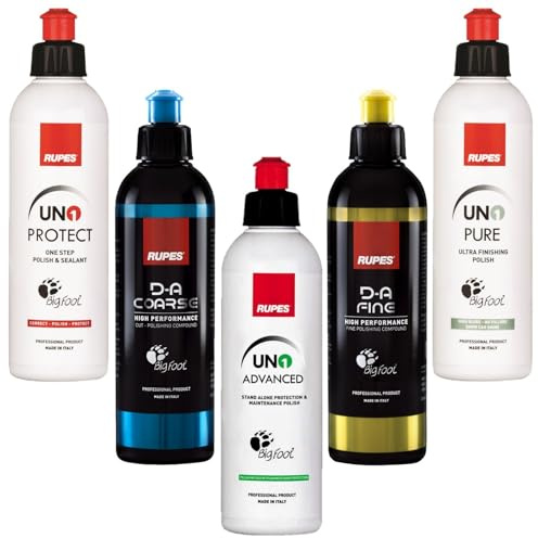 RUPES 5 Pack of High Performance Orbital Polishing Compounds - Includes 250 Milliliter Bottles of D-A Coarse, D-A Fine, UNO Protect, UNO Pure and Uno Advanced