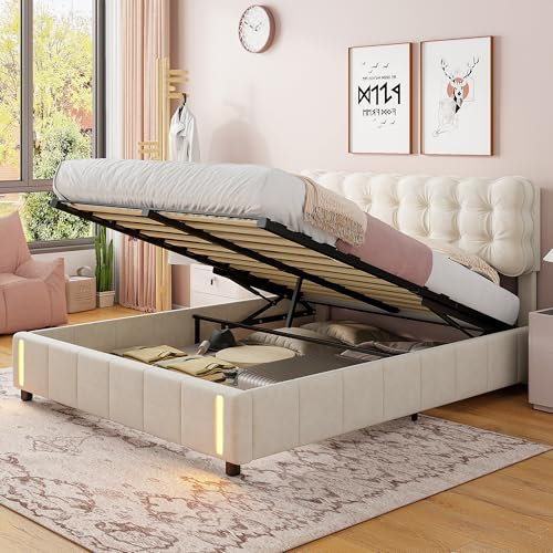 Generisch Polsterbett 140x200cm mit Kopfteil, Doppelbett mit Sensor LED Lichtleiste, Hydraulisches Bett mit Unterbettstauraum, Bettgestell mit Lattenrost, Samt Beige Ohne Matratze