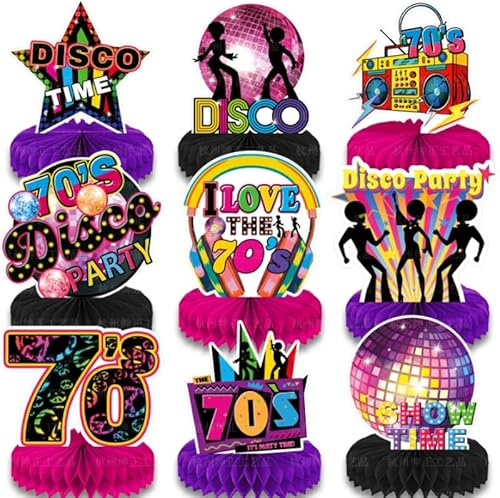 tlidfgeo 9 Stück Disko Waben Tischdekorationen 70er Party Waben Tischdekoration, Karneval Dekoration Party, 70er 80er 90er Jahre Disco Waben Tischdekorationen, Rock'n'Roll Themenparty Disco deko