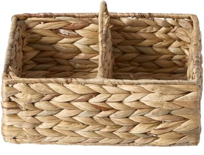 Dibor Water Hyacinth Utensil Holder Cutlery Basket with Carrying Handle Two Compartment Cutlery Organiser Condiment Holder Kitchen Worktop Dining Table Cutlery Caddy Storage