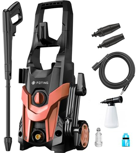 FOTING Hochdruckreiniger, Schaumkanone und verstellbare Düsen, Autos, Zäune, Terrassen und Einfahrten, Electric Pressure, Rot