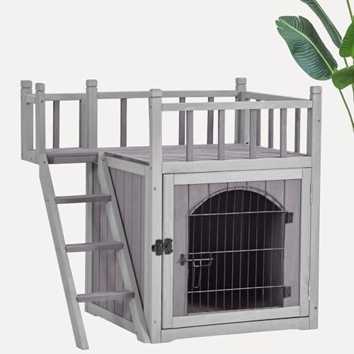 Seiyierr Katzenhaus Outdoor Indoor verwilderte Katze Unterschlupf hölzerne Kitty Haus mit abschließbaren Draht Tür, Balkon＆Stairs