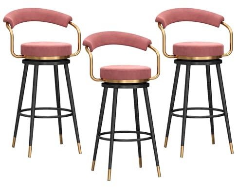 Drehhocker aus Samt, 3 Stück, 75 cm Höhe, modern, gepolstert, Küchen-Barhocker mit Rückenlehnen und schwarzen Metallbeinen