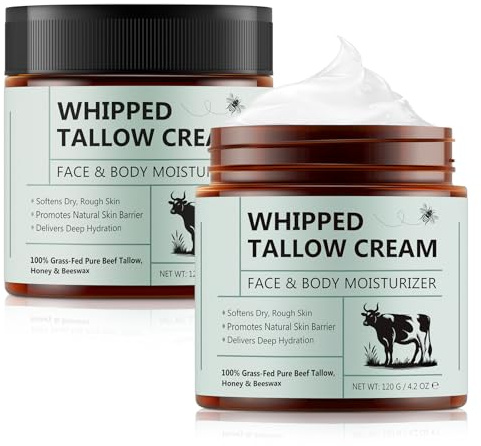 Beef Tallow Face Cream, Bálsamo de Sebo de Vacuno Puro con Miel, Crema Hidratante para Cara y Cuerpo, Hidratación Profunda Suaviza la Piel Seca Crema, Nutritiva de Sebo Batido 120 G (2 Packs)