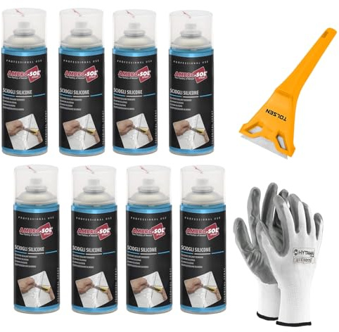 Silikonlösung, entfernt Silikon und damit verbundene Rückstände, ohne die Oberflächen zu beschädigen und ohne zu mattieren, wirkt schnell, Spray 8 x 400 ml + Schaber + Handschuhe gratis