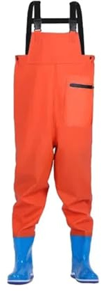 JTKSSCS Wathose Kinder-Wathose mit Stiefeln, 4 Farben erhältlich, Ganzkörper-Regenhose for Jugendliche, Teenager, Angel-Wathose, wasserdichte Hose(Orange 32-33)