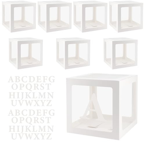 CHIHEUNG 10 scatole per palloncini per il primo compleanno, con cartone e pellicola in PVC, 30 x 30 x 30 cm, bianche, trasparenti, con lettere, per feste di compleanno, matrimoni, eventi nel centro