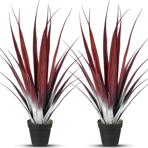 Giegxin 2 Pcs 26'' Realistic Red Artificial Aloe Vera Plant Faux Agave Plant Potted UV Resistant Agave Artificial Greenery Outdoor Indoor for Housewarming Gift House Garden