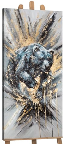 YS-Art Tiere Bilder Gemälde Kunst Bilder schwarz weiß mit gold auf Leinwand handgemalt der Wandbild Wandgestaltung Wohnzimmer Wohndekor Büro Wanddeko 115x50 cm