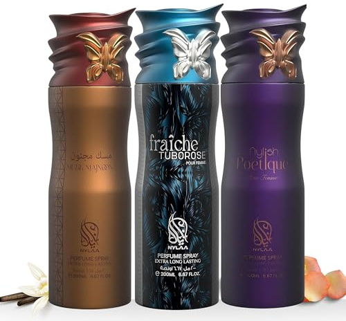 Nylaa Perfume Deodorant Body Spray 200ml - Aerosol Men and Women - Body Mist Fragrance Non-Staining - Extra Long Lasting Arabic Perfume Oud Floral Vanilla Fresh Scents- Pack of 3 (Floral & Blossom)